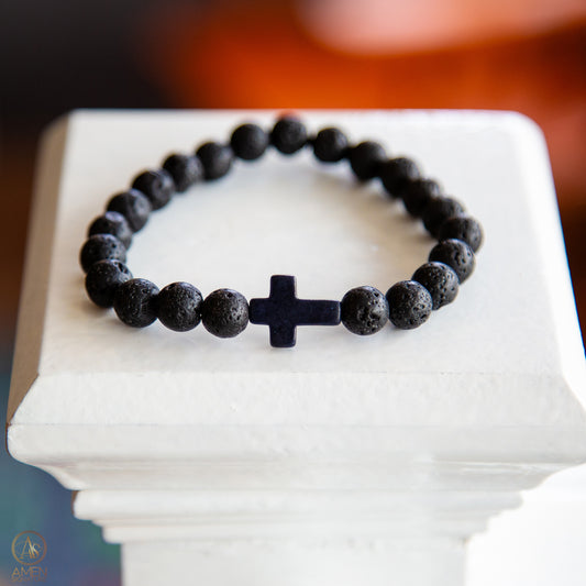 Bracelet élastique - Pierre volcanique noire et croix
