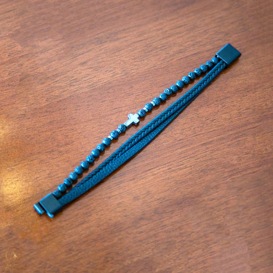 Bracelet trio Pierre volcanique noire, cuir tressé, cordon tissé et croix hématite