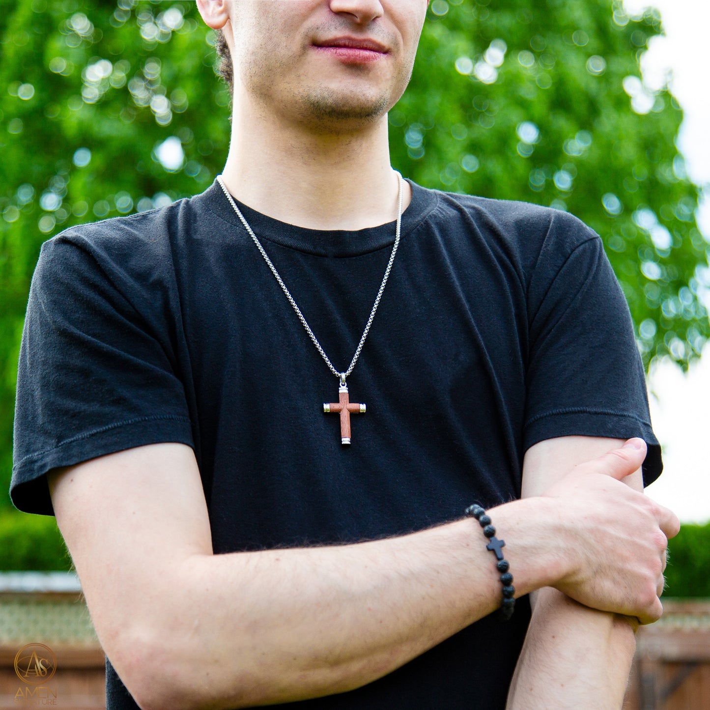 Collier Croix Bois et Acier - Palissandre et Inox