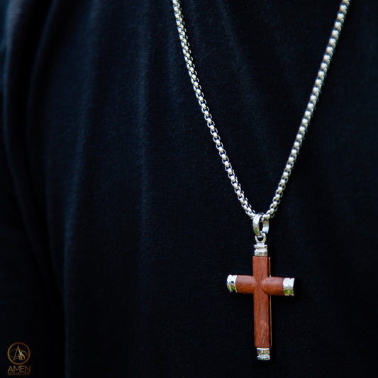 Collier Croix Bois et Acier - Palissandre et Inox