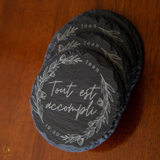 Ensemble de sous-verres en ardoise gravé - Tout est accompli - Rond ou carré