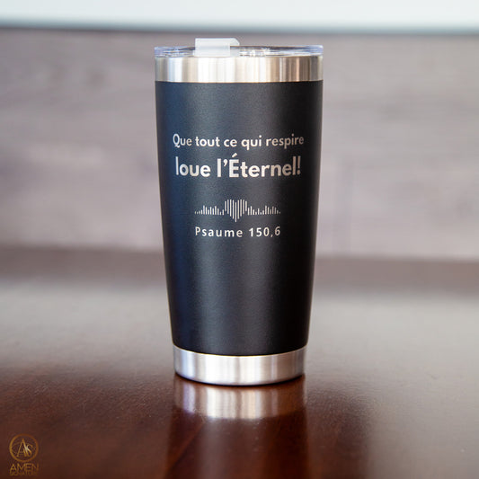 Tasse isotherme noire gravée - WORSHIP Adoration | Paume 150,6 - Acier inoxydable 20 oz