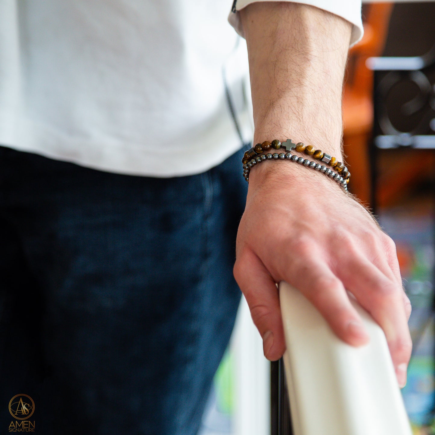 Bracelet Oeil de tigre et croix hématite
