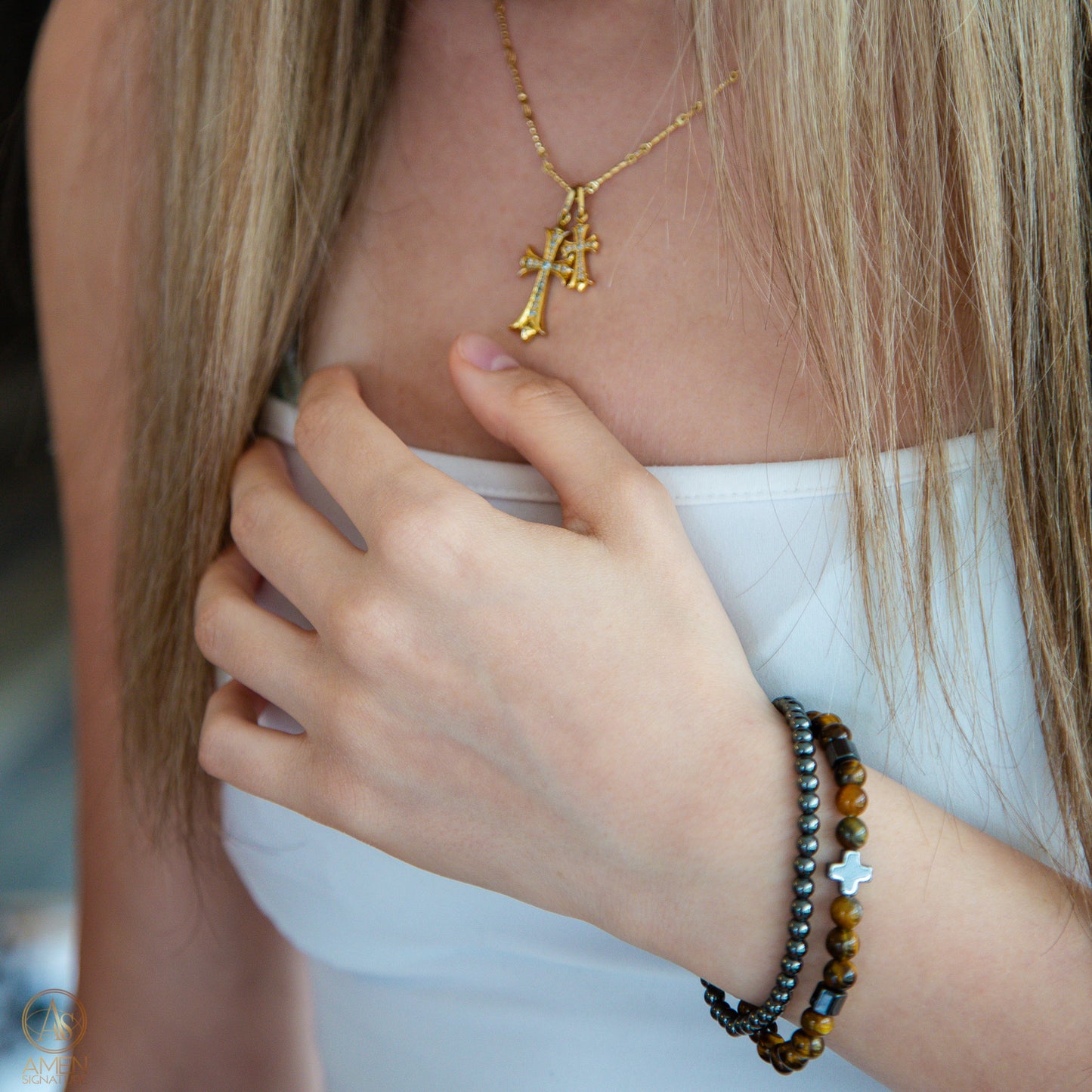 Bracelet Oeil de tigre et croix hématite