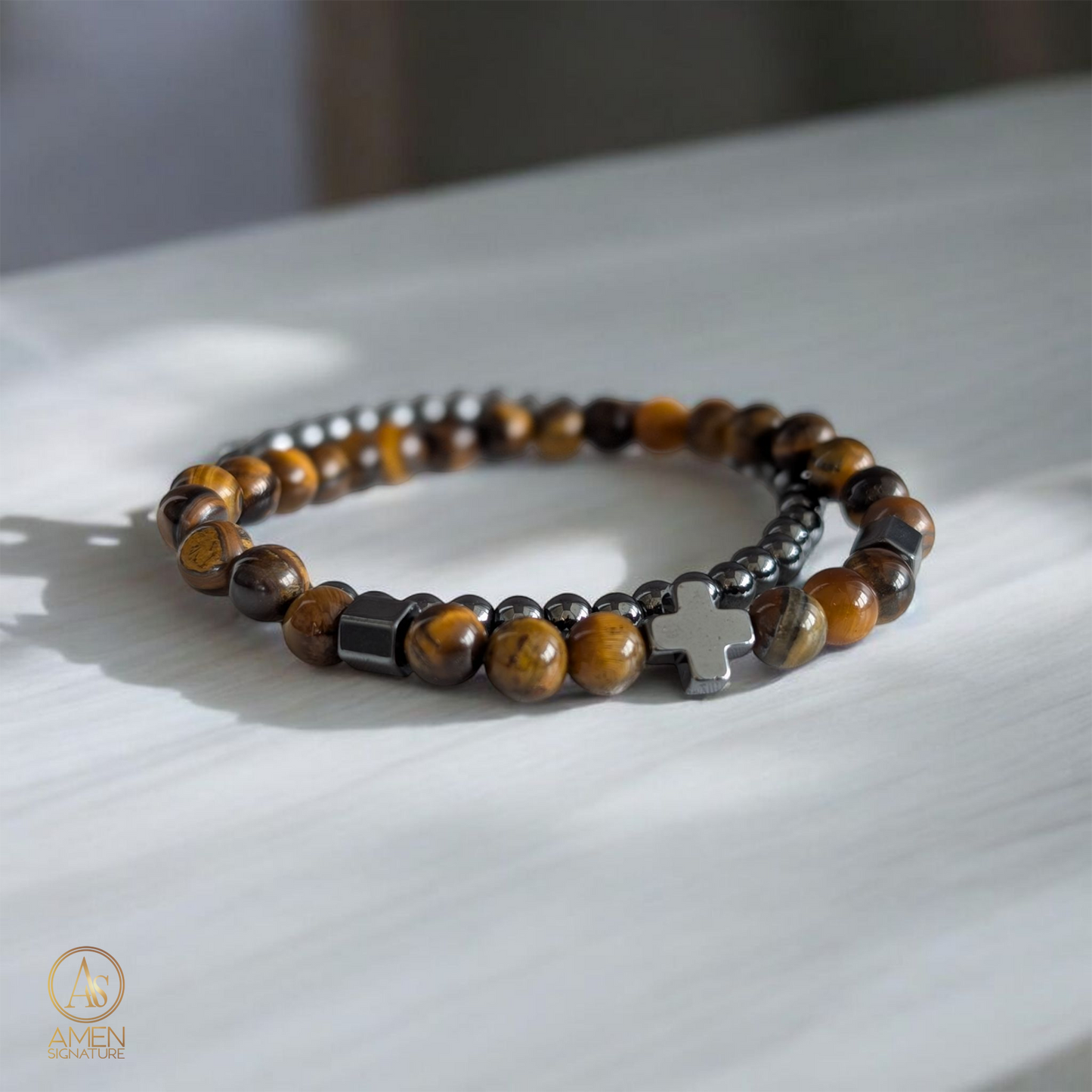 Bracelet Oeil de tigre et croix hématite