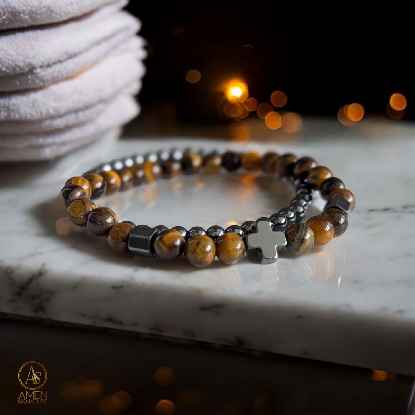 Bracelet Oeil de tigre et croix hématite