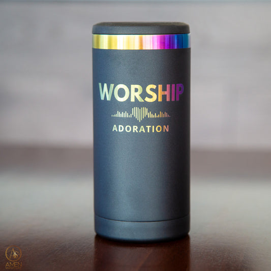 Isotherme iridescent pour canette mince gravée - WORSHIP Adoration | Psaume 150,6 - Acier inoxydable 12 oz
