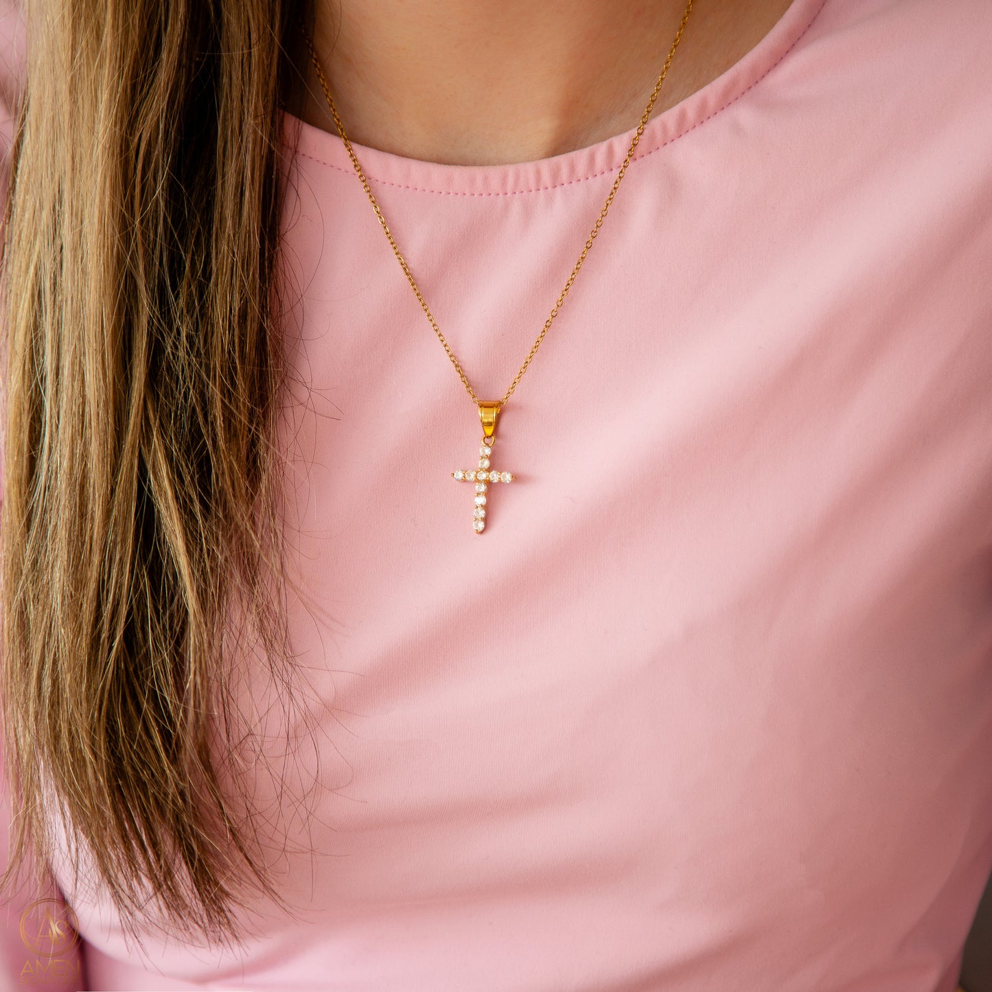 Chaîne croix chrétienne fine - Acier inoxydable or 18k – Zircone cubique