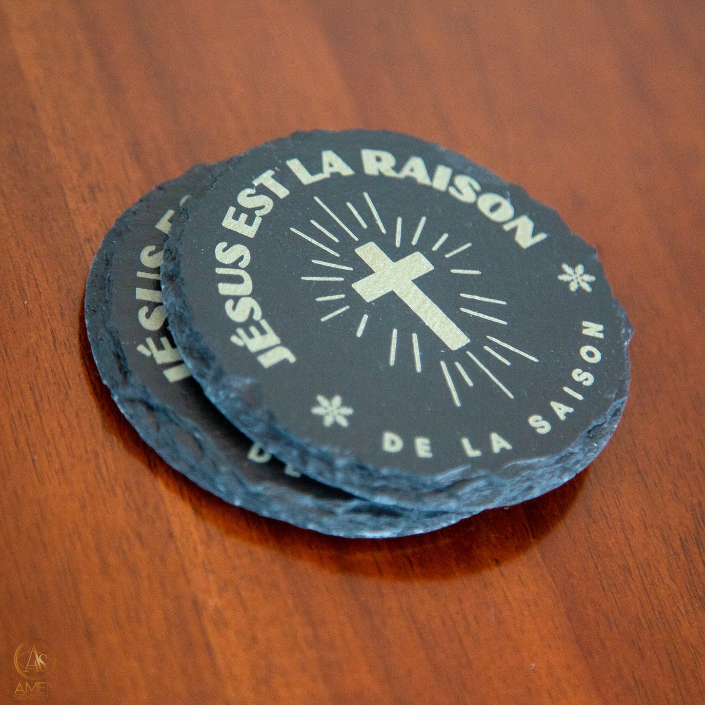 Ensemble 4 sous-verres en ardoise - Jésus est la raison de la saison (croix)