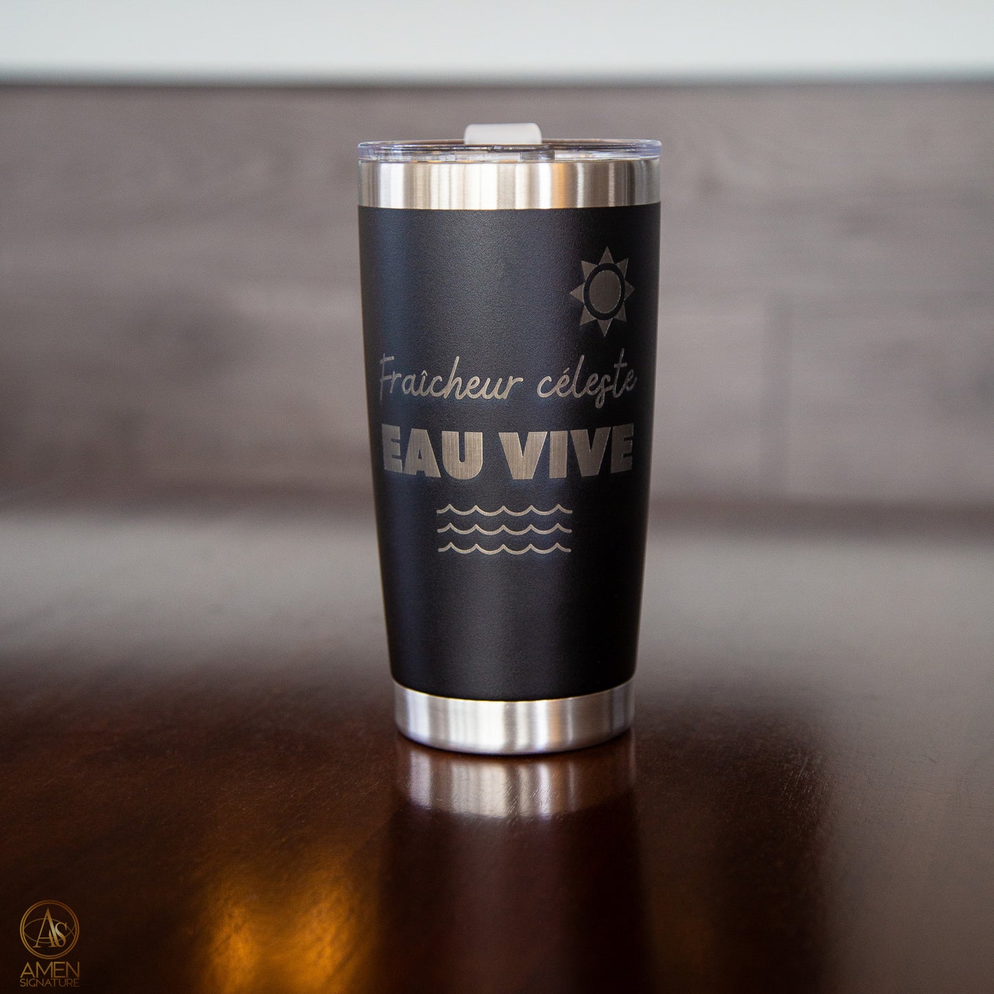 Tasse isotherme noire gravée - Fraîcheur céleste, Eau vive | Jean 4,14 - Acier inoxydable 20 oz