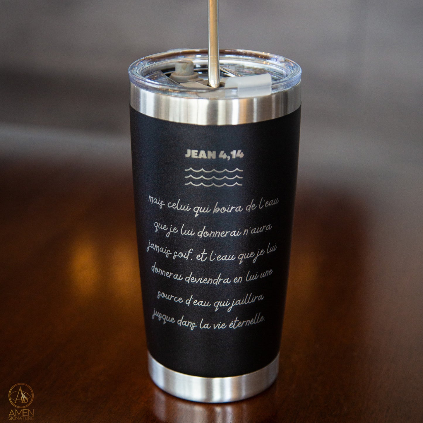 Tasse isotherme noire gravée - Fraîcheur céleste, Eau vive | Jean 4,14 - Acier inoxydable 20 oz