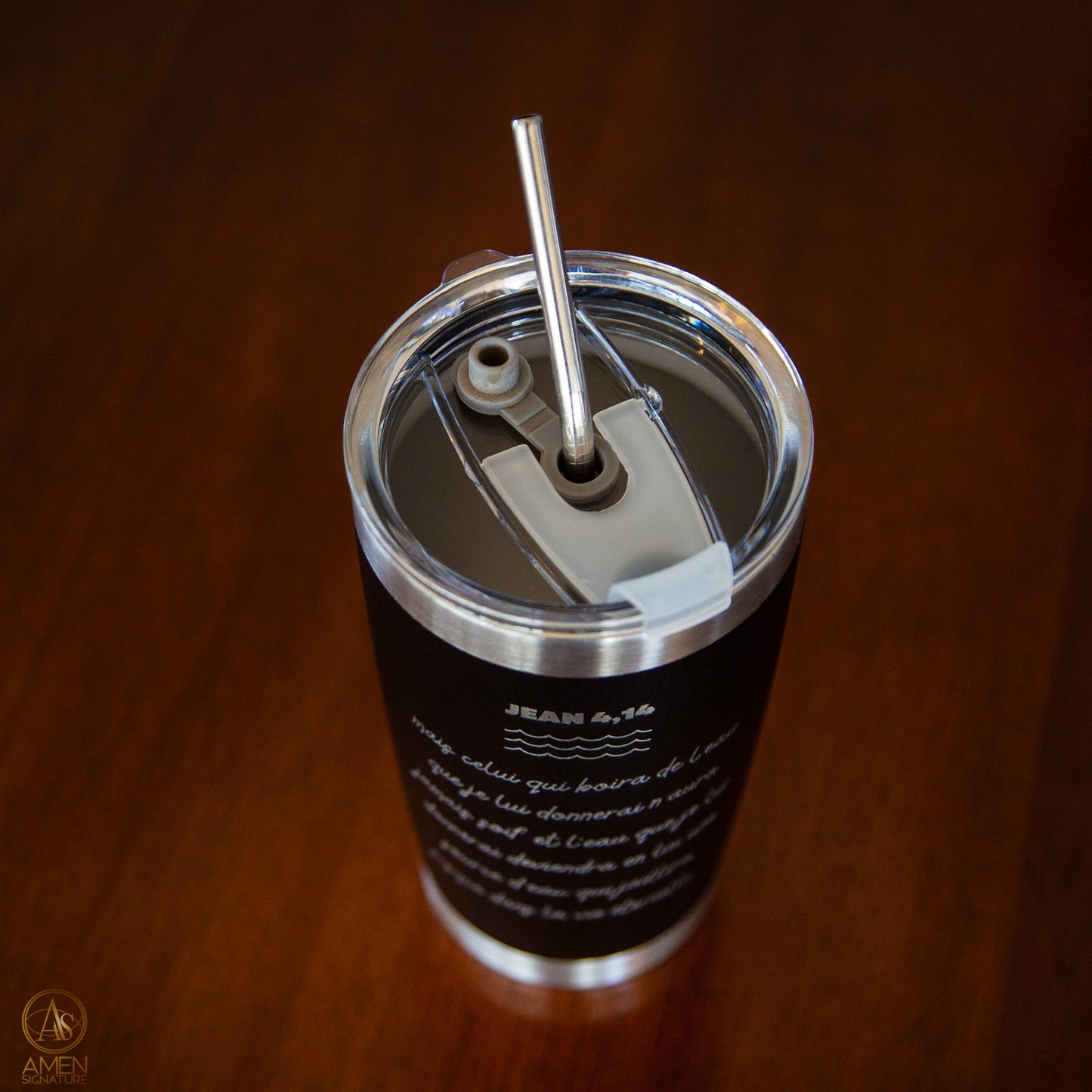 Tasse isotherme noire gravée - Fraîcheur céleste, Eau vive | Jean 4,14 - Acier inoxydable 20 oz
